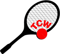 Logo: schwarzer Tennisschläger mit roten Initialen TCW